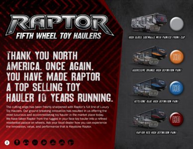 2015 Keystone RV Raptor Brochure page 2